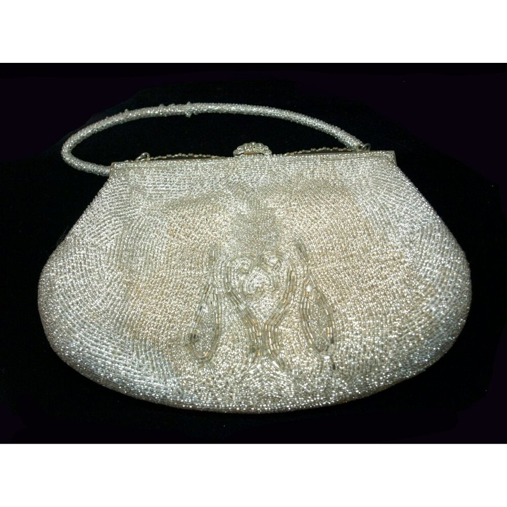 Antique Beaded Purse Heavily Beaded with Silvered Mercury Glass Beads Silver